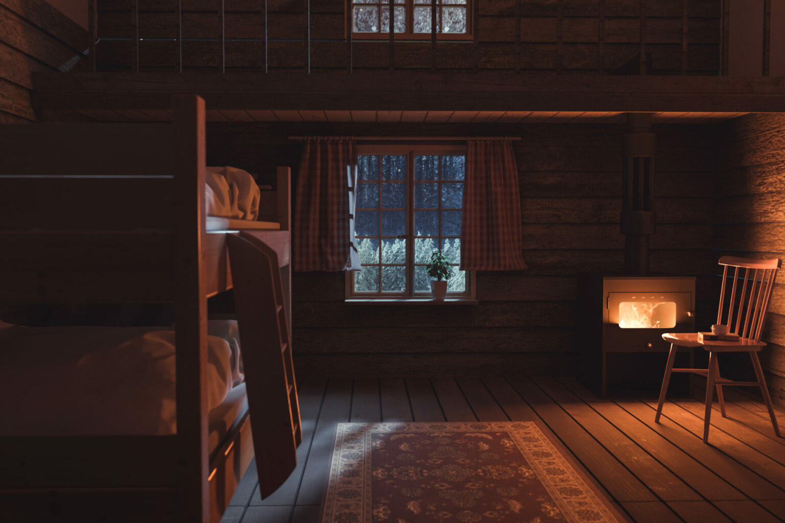 3d rendering of cozy chalet interior with wooden bunk bed and chimney fire